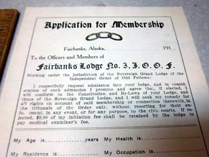 Fairbanks Alaska Independent order of Odd Fellows Lodge IOOF 1910 application - Picture 1 of 3