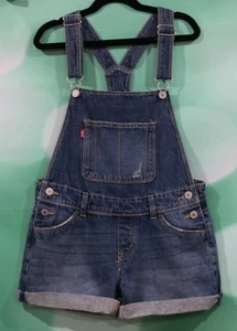 Levis Shortall Size 12 Blue Jean Bib Adjustable Straps Distressed Cuffed Shorts - Picture 1 of 3