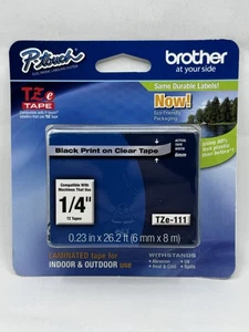 NUEVO GENUINO - BROTHER TZe-111 6 mm (1/4") negro sobre cinta de etiqueta transparente - Imagen 1 de 2