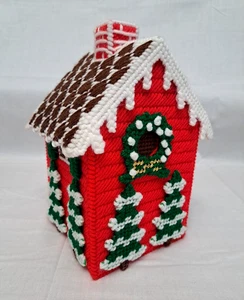 Vintage Weihnachten Thema Garn Lebkuchenhaus Taschentuch Box Abdeckung rot grün 9x5" - Bild 1 von 12
