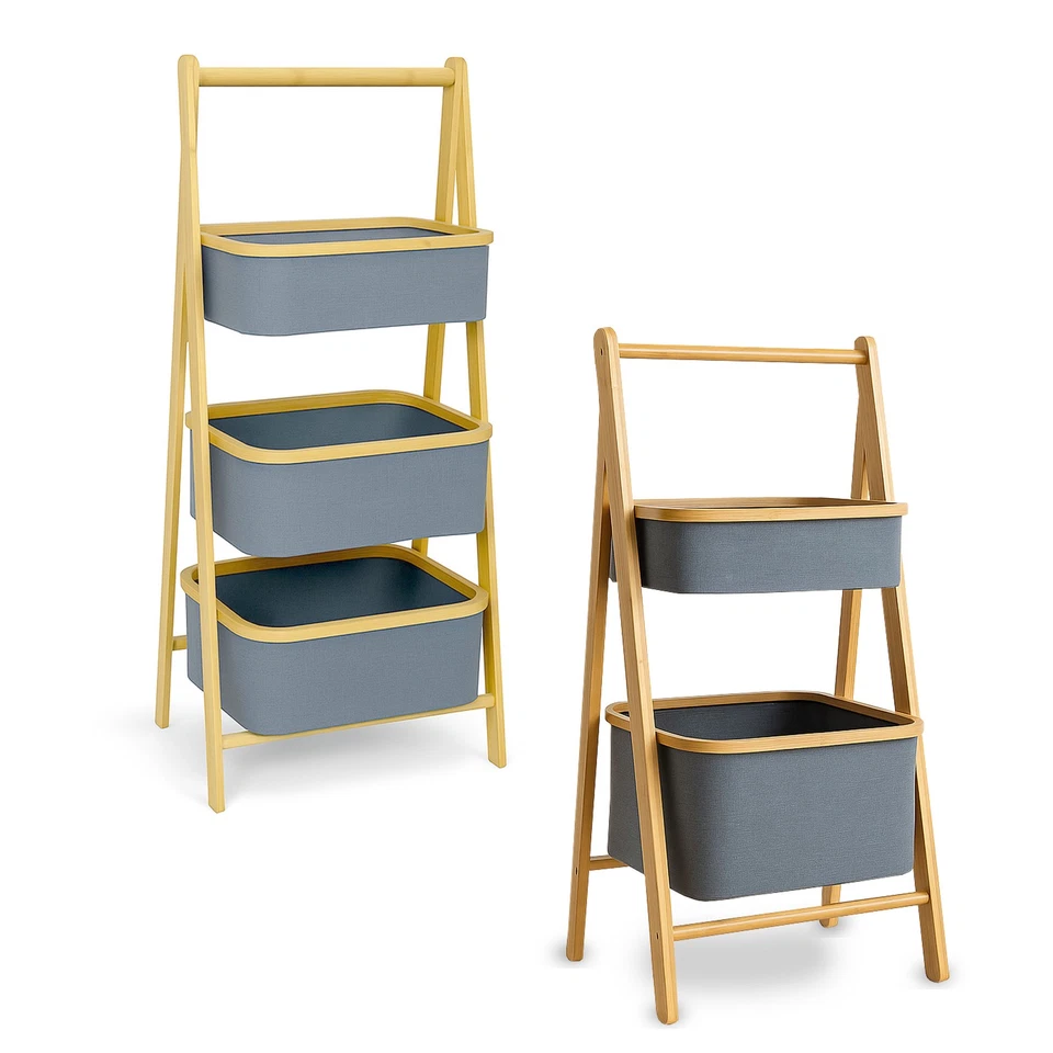 Bambus Aufbewahrungsregal mit Stoffkörben grau – robust, klappbar, langlebig - Bild 1 von 4