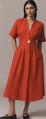 Anthropologie Tobie Linen Shirt Dress by Exquise Size Medium Petite NWT Red - Image 1 of 4