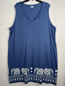 J Jill Dress Womens 3X Blue Sleeveless Elephant Embroidered Hem Cotton Modal - Picture 1 of 11