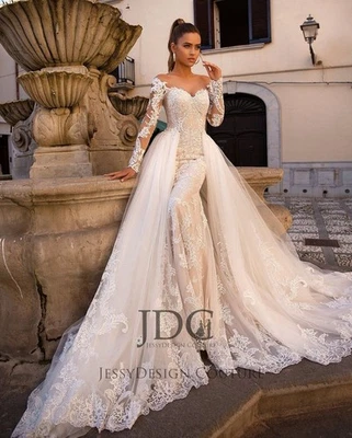 Meerjungfrau 2 in 1 Spitze Brautkleid Hochzeitskleid m. abnehmenbare Tüll Rock - Bild 1 von 4