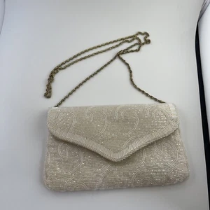Vintage LA REGALE Ivory White Cream Beaded  Satin Purse Clutch Bag - Picture 1 of 20