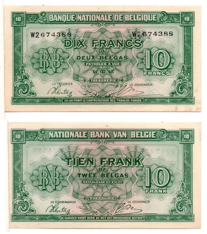 BELGIUM 10 Francs - WWII Government in Exile (1944) Pick122, Extra Fine Cover