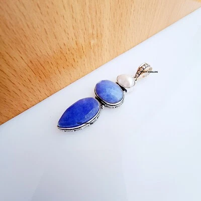 Blue Sapphire With Pearl Silver Plated Pendant, Handmade Beautiful 2.6″ Pendant - Image 1 of 4
