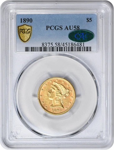 1890 $5 Gold AU58 PCGS (CAC) Liberty Cover