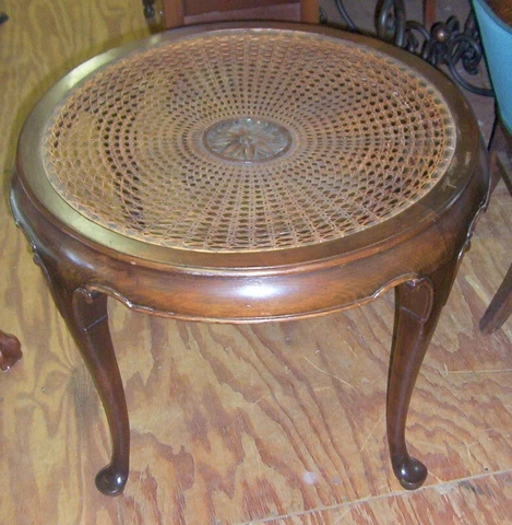 Vintage Walnut Danish Wicker Medallion Table, Club Feet, 34 X 21 Height Cover