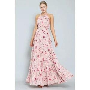 NWT Aakaa Halter Tie Neck Backless Pink Floral Tiered Maxi Dress Womens Size M - Picture 1 of 15