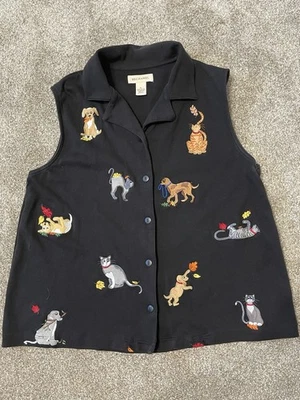 Vintage Bechamel Cat Dog Top Women Sz XL Black Embroidered Sleeveless Pets Retro - Image 1 of 4