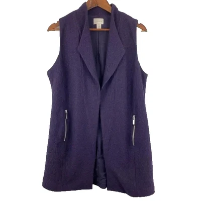 Chico’s Wool Long Vest Size 2 L Eggplant Purple Open Front Travel Class NWOT - Image 1 of 4