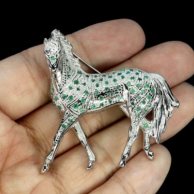 Broche de plata de ley 925 redondo esmeralda piedras preciosas naturales joyería para caballos Foto 1 de 4