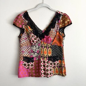 Nanette Lepore Womens Silk Patchwork Lace Top Blouse Size 6 Y2K 90s Boho Artsy - Picture 1 of 11