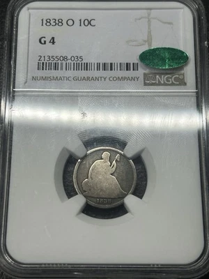 1838 O Seated Liberty Dime NGC G4 Problem Free CAC Approved Tough Date & Type - Image 1 of 2