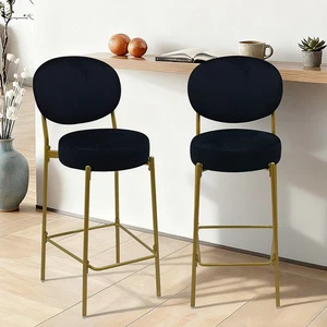 Modern Velvet Bar Stools Gold Metal Legs Round Kitchen Island Home Bar - Picture 1 of 48