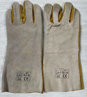 14" Split Leather Cowhide Gloves, Gray/Yellow, Work, Welding, BBQ, Fireplace