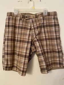 MENS REVERSIBLE BRN/TAN/GRAY PLAID TO KAHKI 4 POCKET HEAVY ZIPPERED SHORTS 34 - Picture 1 of 12
