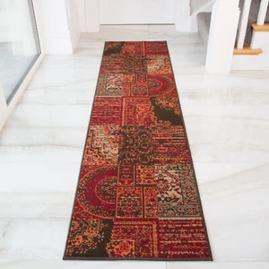 Long Terra Red Patchwork Runner Rug Autumnal Warm Hallway Runners Carpet Runner - Picture 1 of 3