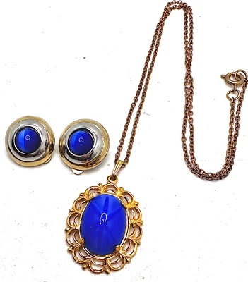 Lot Victorian Revival Faux BLUE Star Sapphire Necklace and Cats Eye Earrings Foto 1 de 4