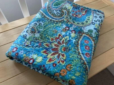 Indian Handmade Twin Cotton Ralli Kantha Quilt Bedspread Blanket Paisley Print - Image 1 of 4