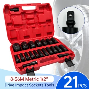 1/2" Drive Deep Impact Socket Set CR-V Steel Metric Sockets Long 21PCS 8-36MM - Picture 1 of 13