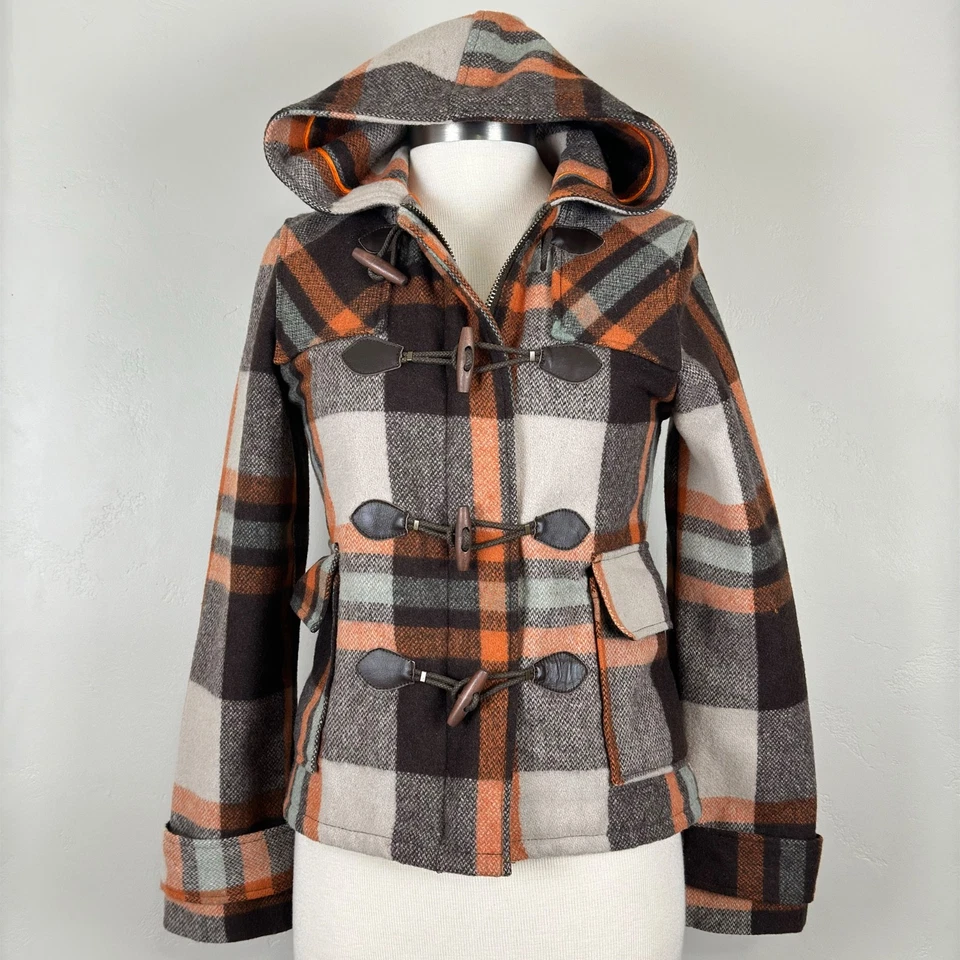 Hollister Co Duffle Coat M Y2K Streetwear Indie Mod Revival Prep Tartan Plaid - Image 1 of 4
