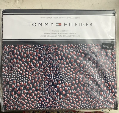 Juego de sábanas Tommy Hilfiger TWIN XL 3 piezas azul rojo 100 % algodón dormitorio universitario precio de venta sugerido por el fabricante 67 USD Foto 1 de 4