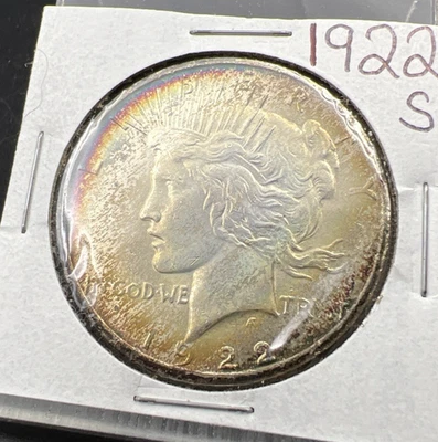 1922 S $1 Peace Silver Dollar Coin BU UNC PQ Toning Toner - Image 1 of 4