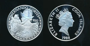 Cook Island: 1988 $50 Explorer - Hernando Cortes 925 silver Proof - Picture 1 of 1