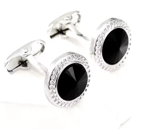 LUXURIOUS BLACK RHINESTONE CUFFLINKS CRYSTAL IN CUFFLINK POUCH UK Silver Plated - Picture 1 of 6