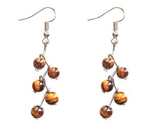 Tiger eye stone beaded long dangling earrings with round brown stones New.
