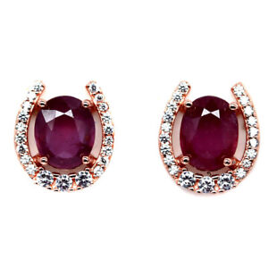 Heated 7 x 9 MM. Red Ruby & Simulated Cz Earrings 925 Sterling Silver