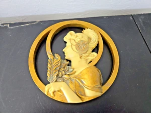 Vtg Art Nouveau Lady With Hat Mucha Ivorytone & Goldtone Round Mirror Plaque - Picture 1 of 12