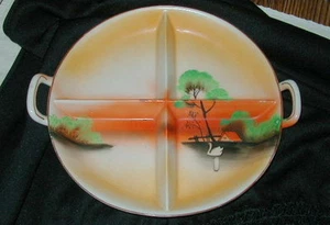 OLD HAND PAINTED JAPANESE PORCELAIN SERVING, RELISH TRAY, SWAN IN LAKE, HOUSE ! - Picture 1 of 3