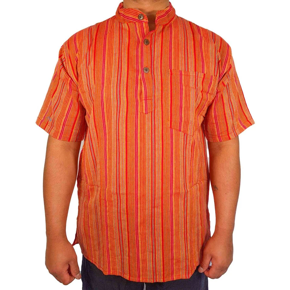 Mens Orange Red Kurta Striped T Shirt Half Sleeve Indian Clothing Hippie Ethnic  - Image 1 of 1