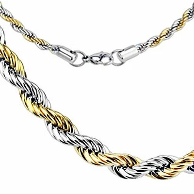 Gold Silver Rope Chain Necklace Two Tone Surgical Stainless Steel 4mm 24 Inch - Image 1 of 3