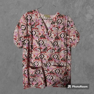 Short Sleeve PINK Patterned Nursing Scrub Top Women Size M V- Neck black red - Image 1 of 4
