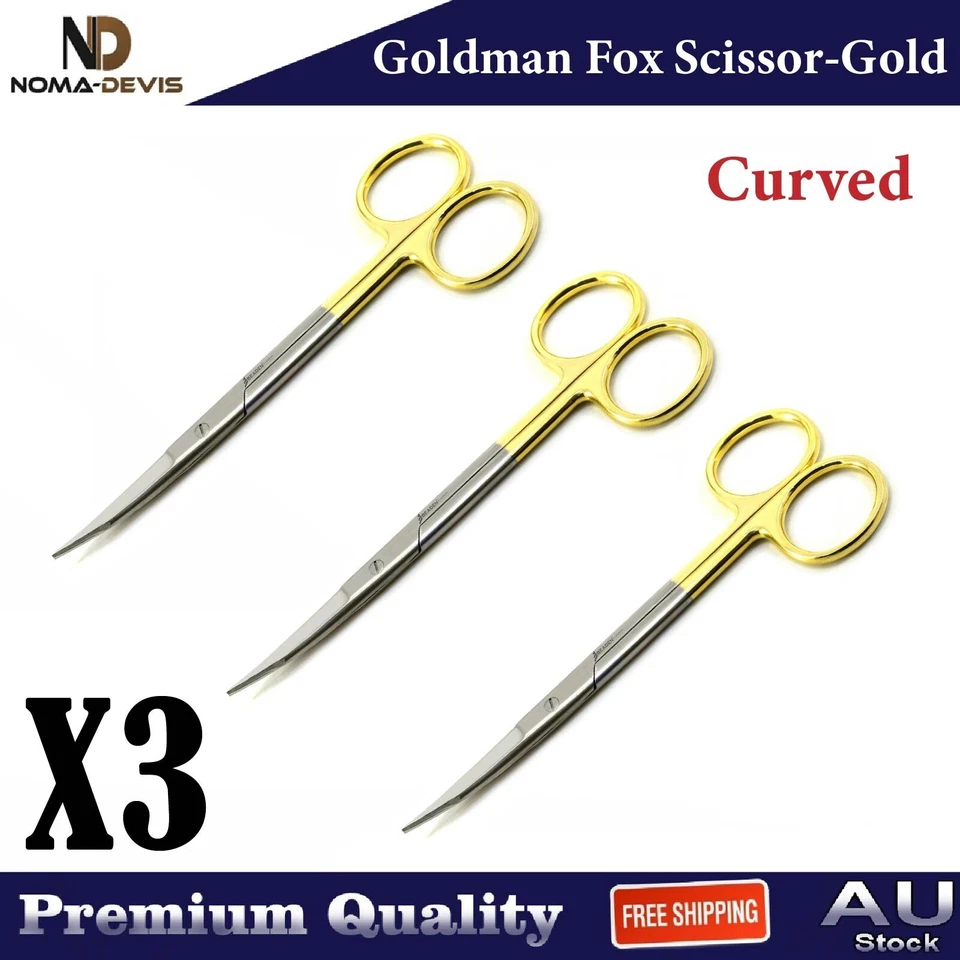 Micro tijeras dentales quirúrgicas Goldman Fox tijeras TC curvas doradas 3 piezas Foto 1 de 4