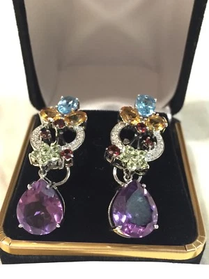 14k White Gold/ Genuine Diamond and Gemstones/Dangling Earring/Weight 10.2g - Image 1 of 4