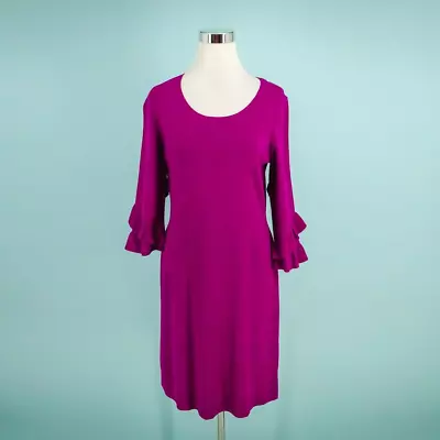 Talbots Size Medium M Pink Ruffle 3/4 Sleeve Scoop Knee Length Sweater Dress NEW - Image 1 of 4