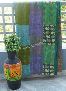Vintage Patchwork Kantha Bedspread Indian Handmade Quilt Throw silk Blanket boho - Picture 1 of 6