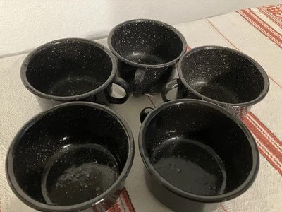 SET of 5 Enamelware Black White Speckled Metal Coffee Camping Mugs Cups Cabin - Image 1 of 4