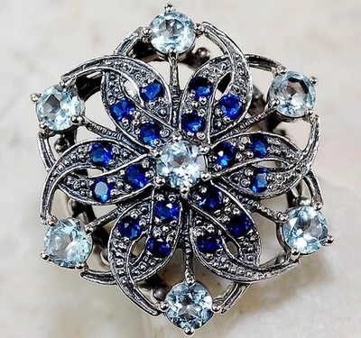 Anillo estilo Art Deco de plata de ley 925 aguamarina y zafiro de 4 quilates talla 7 F6-4 Foto 1 de 2