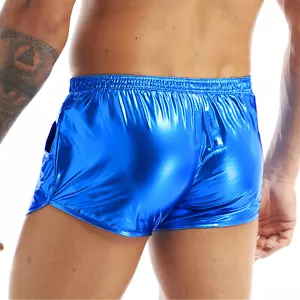 Pantalones cortos boxer metálicos brillantes para hombre tiro bajo cintura elástica ropa de club nocturno disfraz - Imagen 1 de 13