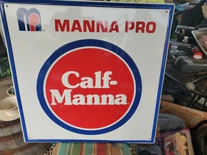 NOS Vintage MANNA PRO CALF MANNA FEED Large Embossed Metal SIGN STOUT MFG USA - Picture 1 of 12