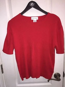 Rena Rowan Red Ribbed Short Sleeve Blouse Stretch Career Shirt Top Women's L - Picture 1 of 3