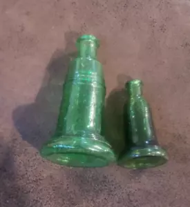 Vintage Green Glass Liberty Bell Set of 2 2" and 3" Bottle Apothecary Jar - Picture 1 of 6