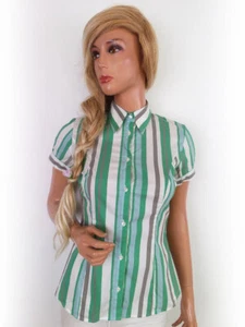 Mexx Size 36 Green Buttoned Shirt Blouse Cotton Short Sleeve Stripes - Picture 1 of 5