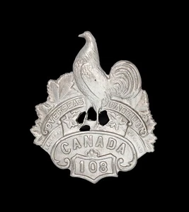 Insignia de tapa del 108º Batallón Canadiense de Ultramar plateada con sello - Imagen 1 de 1